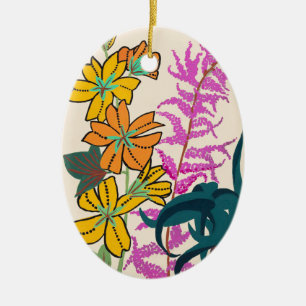 Ornamento De Cerâmica Arte Floral Art Déco Vibrante Magenta e Laranja
