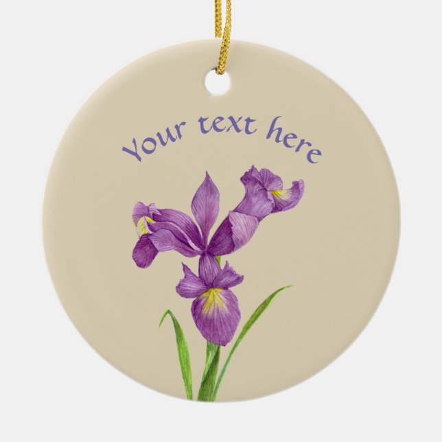 Ornamento De Cerâmica Arte Foral Botânica Iris Púrpura Personalizada (Frente)