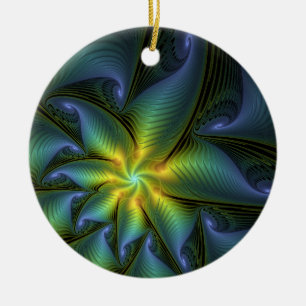 Ornamento De Cerâmica Arte fractal abstrata em azul verde dourado brilha