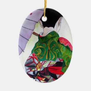 Ornamento De Cerâmica Arte japonesa Geisha com kimono e guarda-chuva