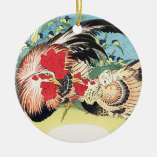 Ornamento De Cerâmica Arte Japonesa Vintage Hokusai Galo Galinha Flores