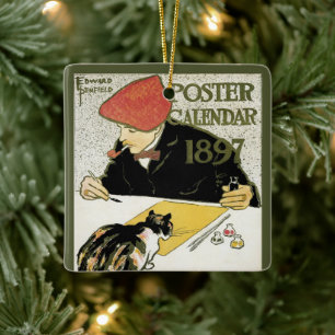 Ornamento De Cerâmica Arte Nova Antiga, Artista Pintando com Gato de Est