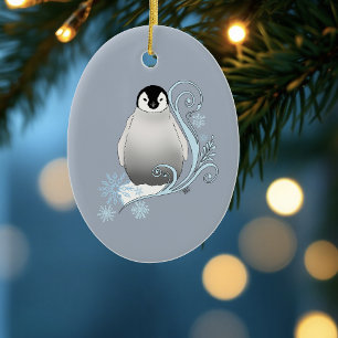 Ornamento De Cerâmica Arte Nova de Pinguim de Inverno Caprichoso Flocos