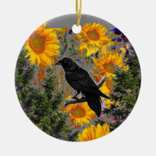 Ornamento De Cerâmica arte preta do corvo & dos girassóis