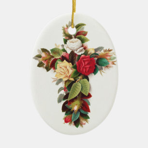 Ornamento De Cerâmica Arte Religiosa Cruz Botânica Antiga de Rosas