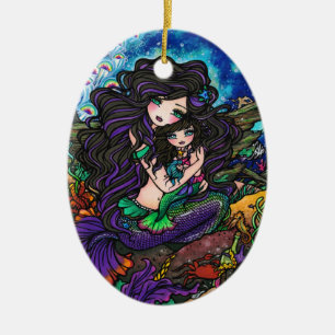 Ornamento De Cerâmica Arte subaquática da mamã e do bebê da sereia po