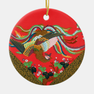 Ornamento De Cerâmica Arte Vintage do Pássaro Fênix Vermelho Japonês G.A