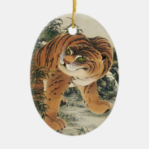 Ornamento De Cerâmica Arte Vintage Japonesa Tigre Edo em Floresta de Bam