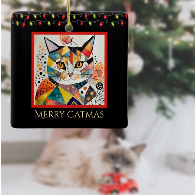 Ornamento De Cerâmica Artsy Cat com Luzes de Natal Feliz Catmas Preto (Criador carregado)