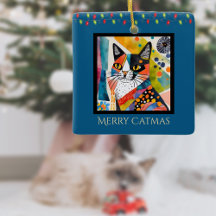 Artsy Cat com Luzes de Natal Feliz de Natal Azul