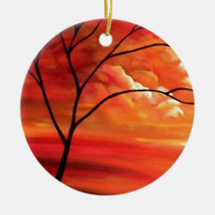 Ornamento De Cerâmica Árvore abstrato e Sunset Vermelho