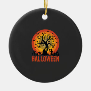 Ornamento De Cerâmica Árvore Assombrada de Halloween Bruxa e Gatos Preto