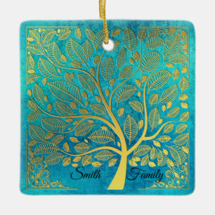 Ornamento De Cerâmica Árvore azul-turquesa e Dourada *personalize*