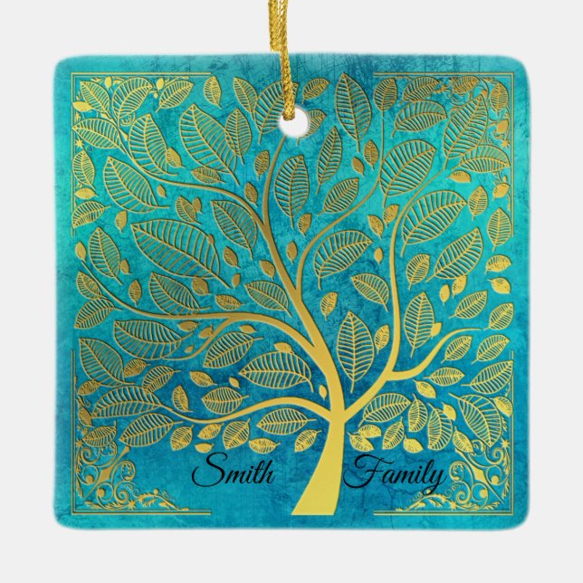 Ornamento De Cerâmica Árvore azul-turquesa e Dourada *personalize* (Frente)