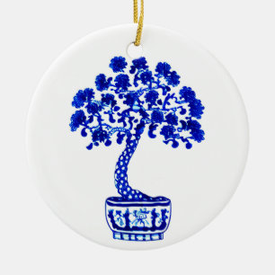 Ornamento De Cerâmica Árvore Bonsai em Azul Cobalto e Branco