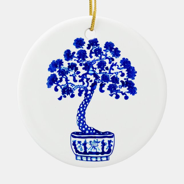 Ornamento De Cerâmica Árvore Bonsai em Azul Cobalto e Branco (Frente)