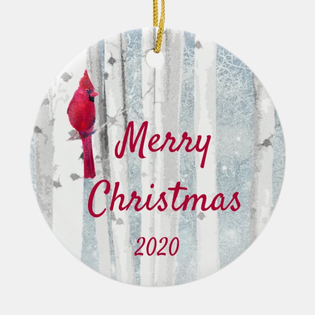 Ornamento De Cerâmica Árvore de Aves Cardineiras de Natal Personalizada (Frente)