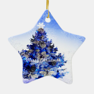 Ornamento De Cerâmica Árvore de natal azul decorada personalizável