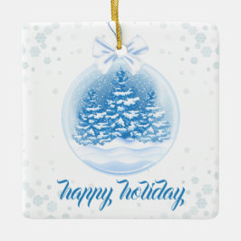 Ornamento De Cerâmica Árvore de Natal Azul e Branca em Globo de Neve