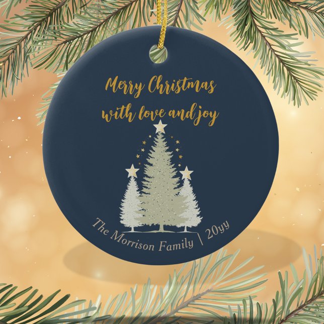 Ornamento De Cerâmica Árvore de Natal Azul e Dourada e Estrelas (Blue and Gold Christmas Tree and Stars Ceramic Ornament)