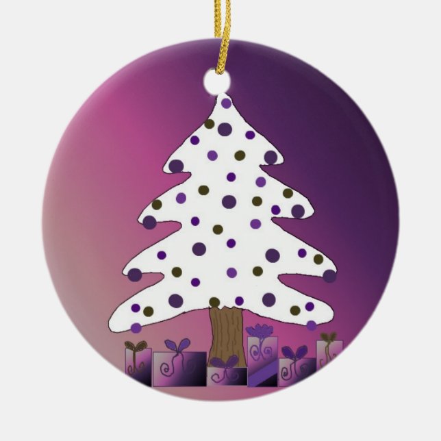 Ornamento De Cerâmica Árvore de Natal Branca e Roxa (Frente)