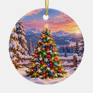 Ornamento De Cerâmica Árvore de Natal Colorida em um Cenário de Montanha