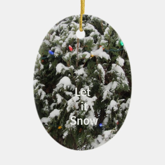 Ornamento De Cerâmica Árvore de Natal com neve e luzes (Frente)