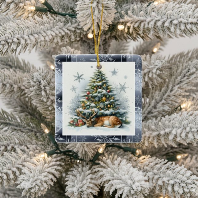 Ornamento De Cerâmica Árvore de Natal com Veado   (Nature created ornament with deer sleeping under Christmas tree.)