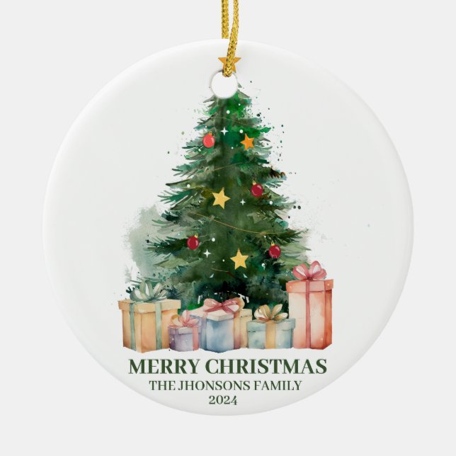 Ornamento De Cerâmica Árvore de Natal de Aquarela com presentes (Frente)