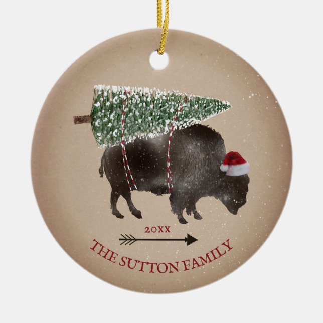 Ornamento De Cerâmica Árvore de Natal de Buffalo Bison Papais noeis Seta (Frente)