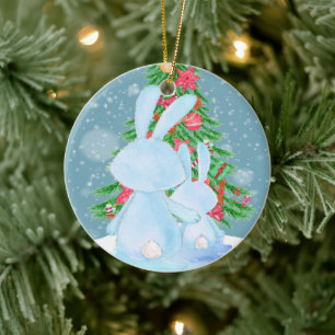 Ornamento De Cerâmica Árvore de Natal de Coelhinhos Bonitos na Neve