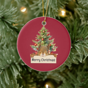 Ornamento De Cerâmica Árvore de Natal de Esquilo Feliz de Natal Editável