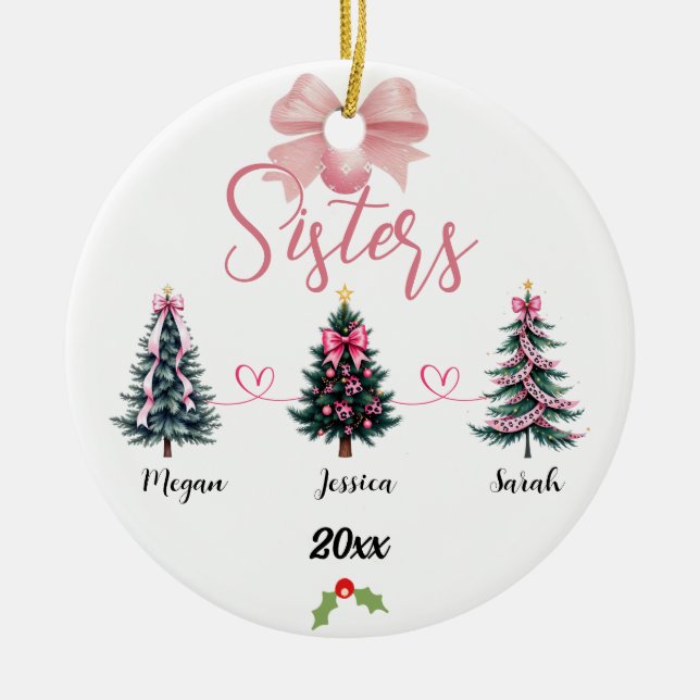 Ornamento De Cerâmica Árvore de Natal de Três Irmãs com Nomes Personaliz (Frente)