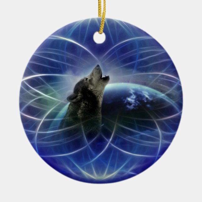 Ornamento De Cerâmica Árvore de natal de Wolf dreamcatcher (Frente)