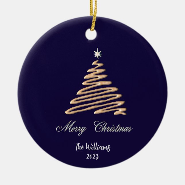 Ornamento De Cerâmica Árvore de Natal Dourada personalizada (Frente)