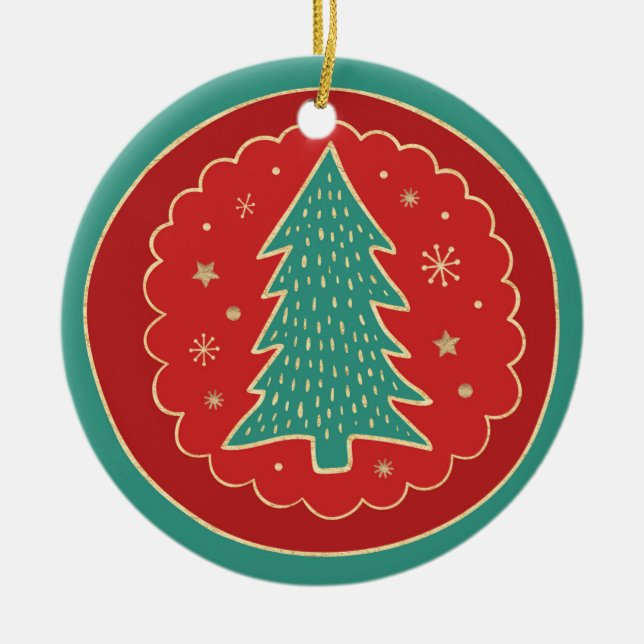 Ornamento De Cerâmica Árvore de Natal Dourada Verde Turquesa (Frente)