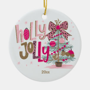 Ornamento De Cerâmica Árvore de Natal Dourado Rosa Holly Jolly Natal