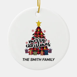 Ornamento De Cerâmica Árvore de Natal e presentes da Xadrez Vermelha na