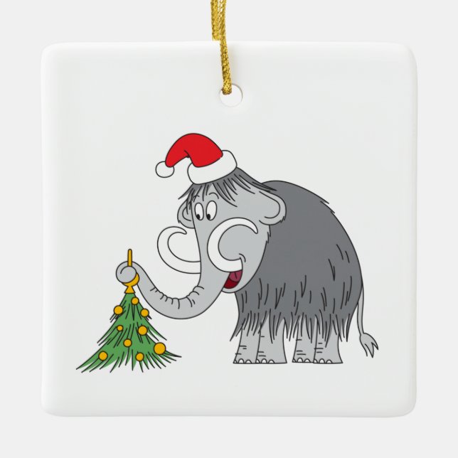 Ornamento De Cerâmica Árvore de Natal Feliz Mammoth Santa Hat (Frente)