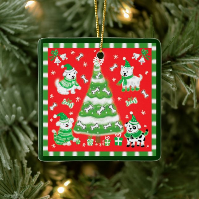 Ornamento De Cerâmica Árvore de Natal Fofa e Cachorrinhos com Ossos (Árvore)