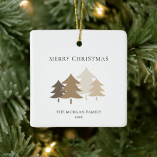 Ornamento De Cerâmica Árvore de Natal Minimalista Neutra Nome da Família
