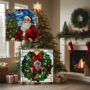 Ornamento De Cerâmica Árvore de Natal Papai Noel Vidro Manchado Falso