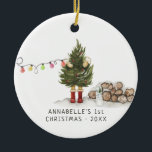 Ornamento De Cerâmica Árvore de Natal| Primeira Autorização de Natal do<br><div class="desc">O Primeiro Ornamento de Natal do bebê apresenta um doce "abraço" de árvore, e elementos de férias de aquarela. Personalize com suas informações e data do bebê e adicione sua própria foto às costas! Um presente maravilhoso para o Natal de uma rua do seu bebê. Adicione seu texto personalizado a...</div>