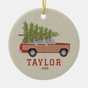 Ornamento De Cerâmica Árvore de Natal Red Wood SUV Vagão Carro Faux Twee