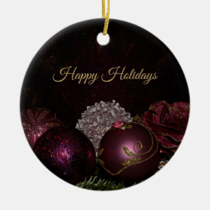 Ornamento De Cerâmica Árvore de Natal Rosa Folhas Verdes Pretas Elegante