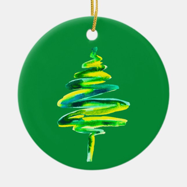 Ornamento De Cerâmica Árvore de Natal verde aquarela (Frente)