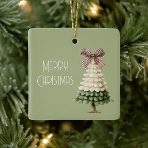Ornamento De Cerâmica Árvore de Natal Verde Creme Arco Vermelho Carta do