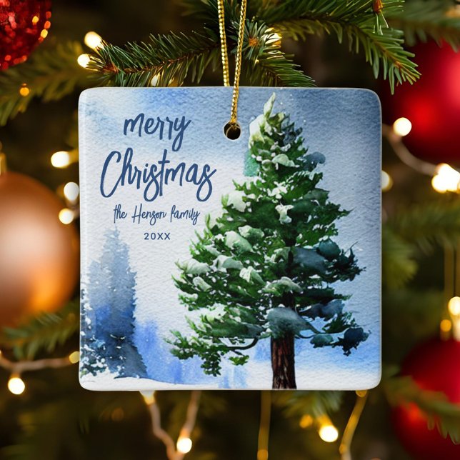 Ornamento De Cerâmica Árvore de pinheiro com pintura de aquarela de neve (Criador carregado)