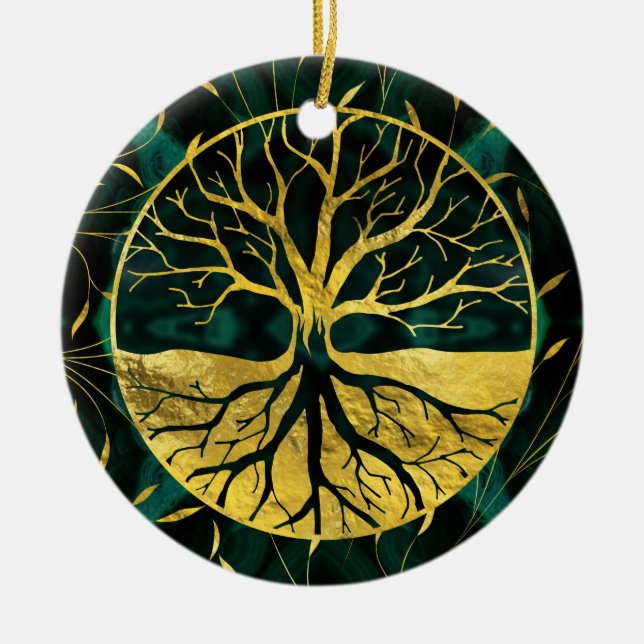 Ornamento De Cerâmica Árvore de vida dourada Yggdrasil na malaquite (Frente)
