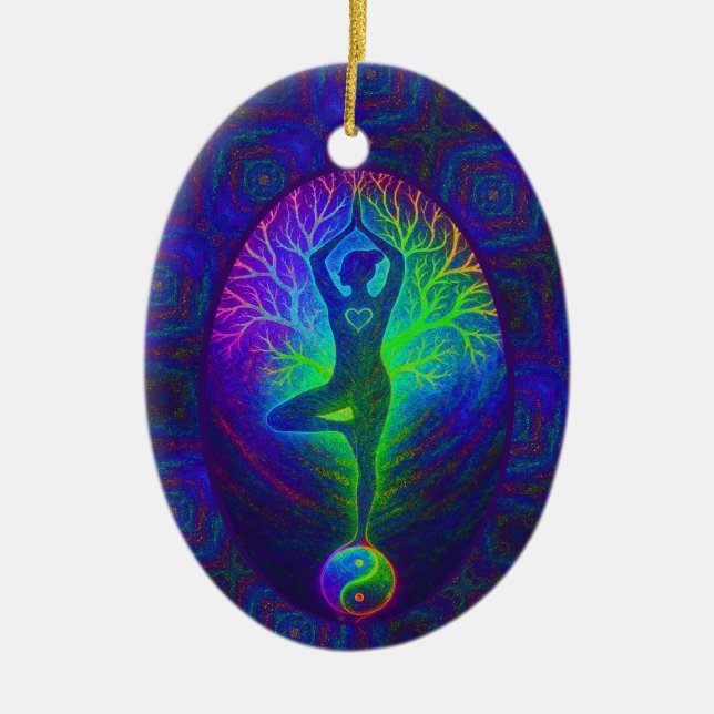 Ornamento De Cerâmica Árvore de Yoga Paz Arco-íris (Frente)